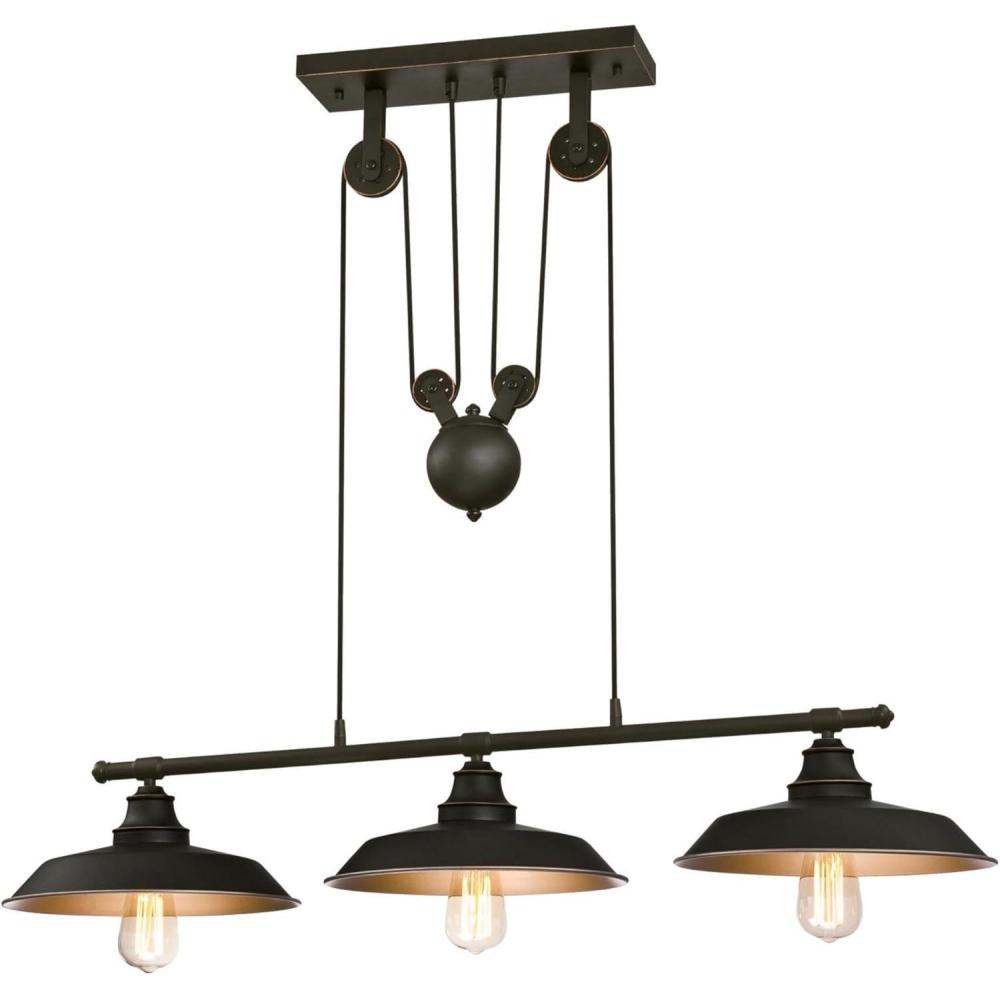 image:imageWestinghouse 6129400 Iron Hill VintageStyle Three Light Indoor Pulley Pendant Matte Black FinishOil Rubbed Bronze Bronze