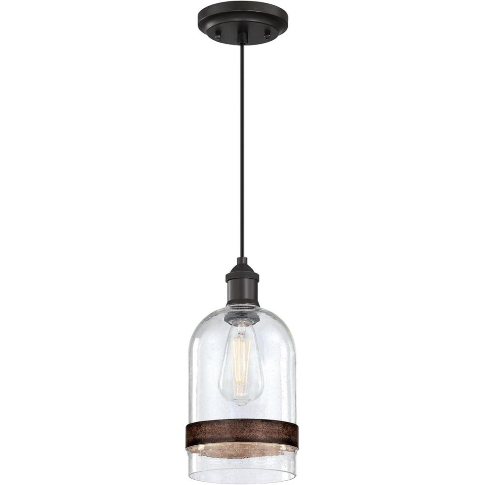 image:imageWestinghouse 6129800 Tarrant CraftsmanStyle One Light Indoor Mini Pendant BlackBronze Finish Clear Seeded Glass with Barnwood Band