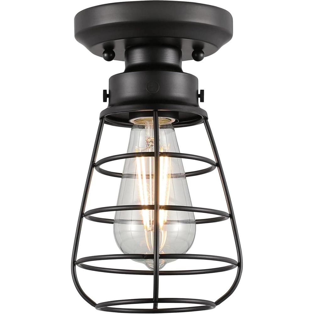 image:imageWestinghouse 6130700 Bandera VintageStyle 5 Inch One Light SemiFlush Mount Ceiling Fixture Matte Black Finish Cage Shade