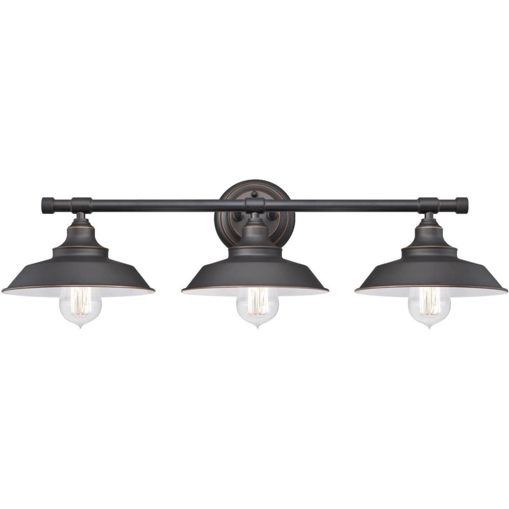 image:imageWestinghouse 6133000 Iron Hill VintageStyle Three Light LED Indoor Wall Fixture Oil Rubbed Bronze Finish with HighlightsOil Rubbed Bronze with White Shades