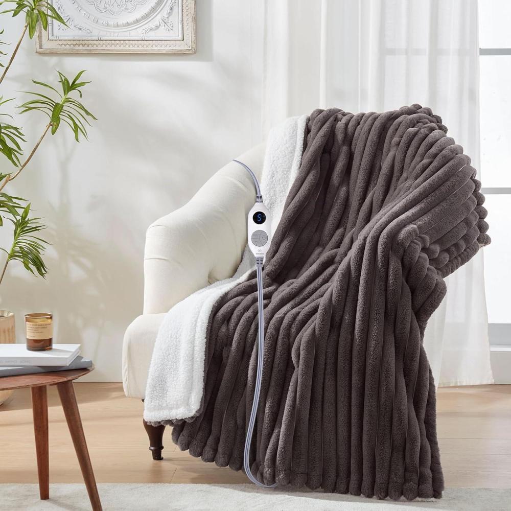 image:imageWestinghouse Electric Blanket Heated Throw Super Cozy Luxury Faux Fur amp Sherpa with 6 Heating Levels amp 210 Hours Auto Off Fast Heating amp Overheat Protection 50x60 Inch BurgundyDarkgrey Stripe
