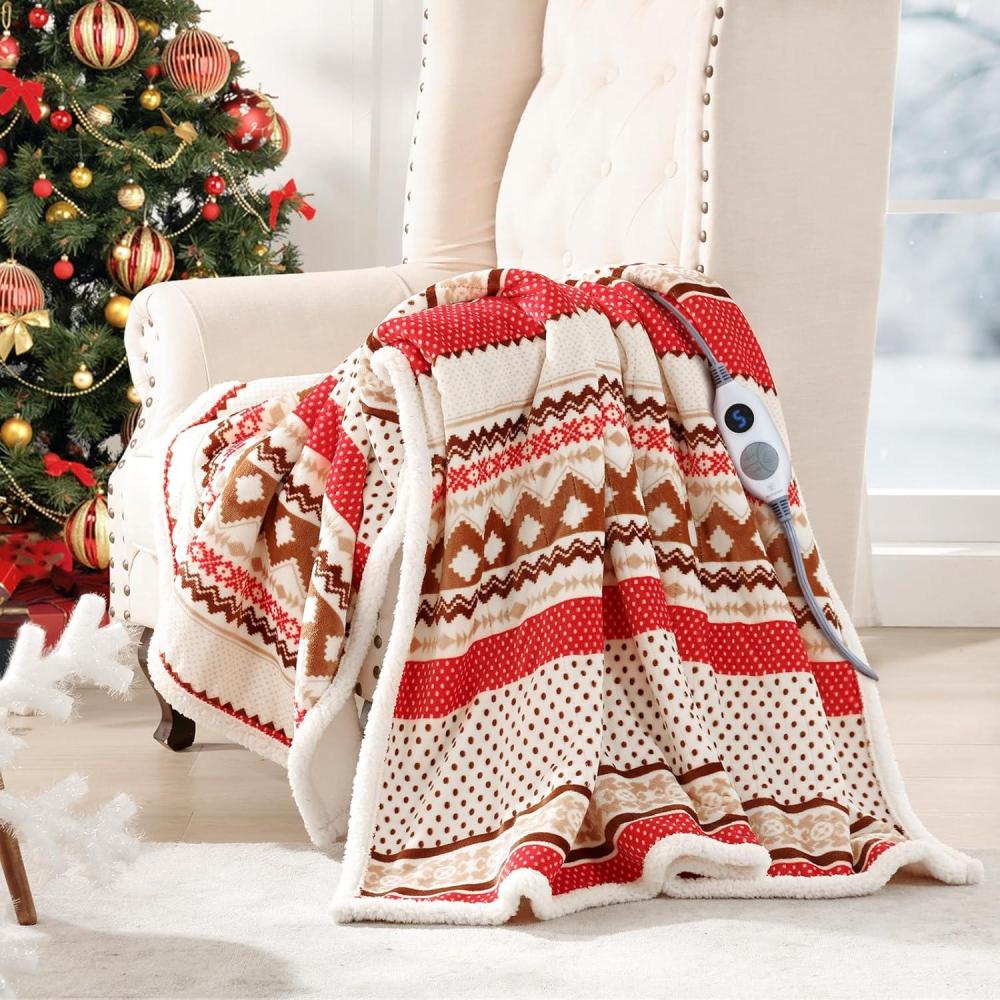 image:imageWestinghouse Electric Blanket Heated Throw Super Cozy Luxury Faux Fur amp Sherpa with 6 Heating Levels amp 210 Hours Auto Off Fast Heating amp Overheat Protection 50x60 Inch BurgundyChristmas Stripe
