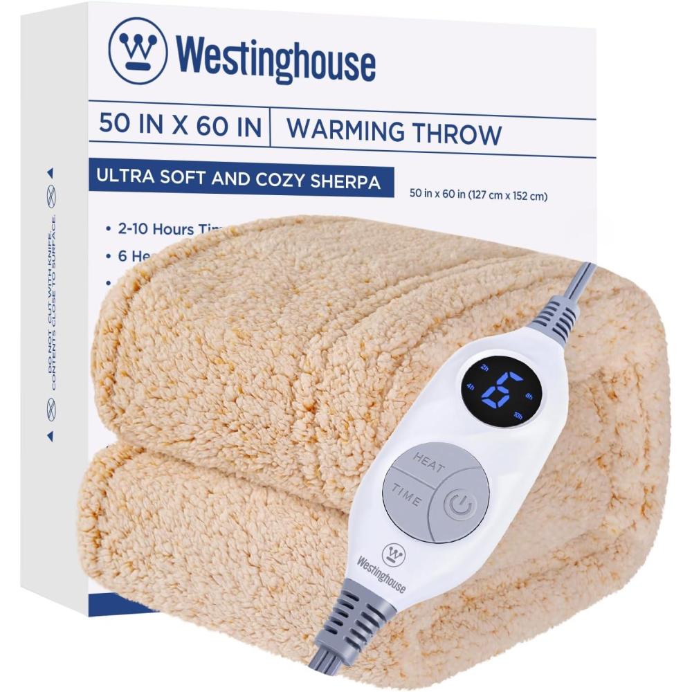 image:imageWestinghouse Electric Blanket Throw Size Soft Plush Sherpa Heated Blanket with 6 Heating Levels amp 210 Hours AutoOff Machine Washable 50x60 inches RustYellow