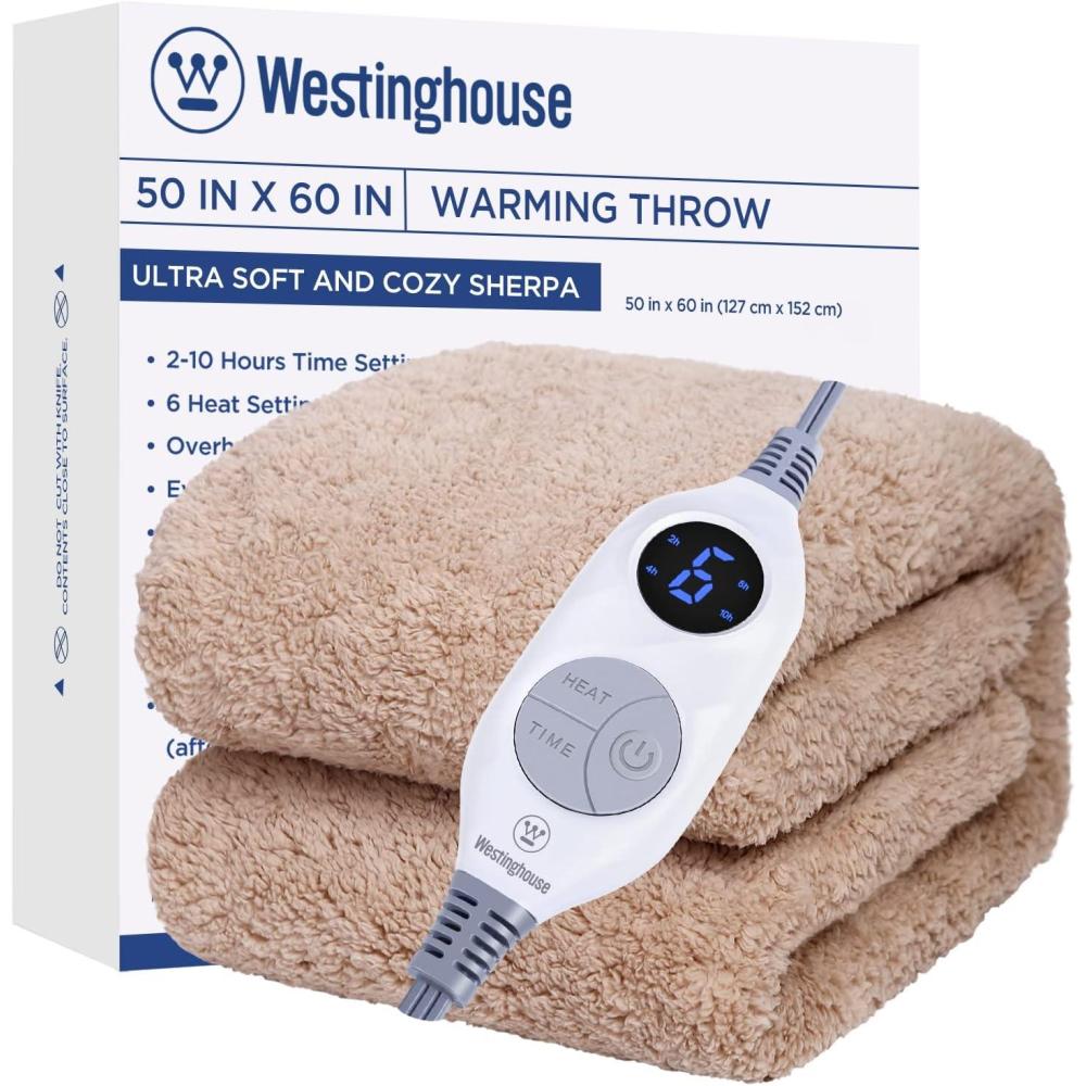 image:imageWestinghouse Electric Blanket Throw Size Soft Plush Sherpa Heated Blanket with 6 Heating Levels amp 210 Hours AutoOff Machine Washable 50x60 inches RustCamel