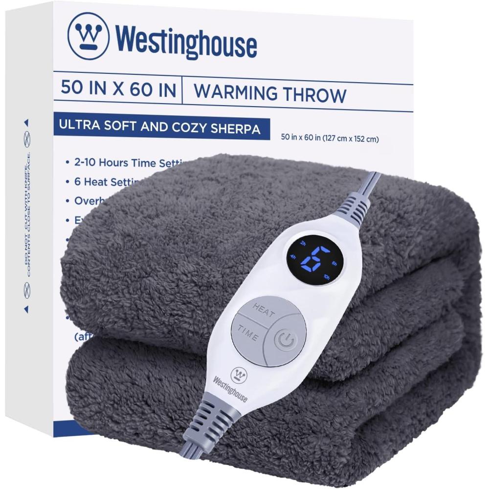 image:imageWestinghouse Electric Blanket Throw Size Soft Plush Sherpa Heated Blanket with 6 Heating Levels amp 210 Hours AutoOff Machine Washable 50x60 inches RustDarkgrey