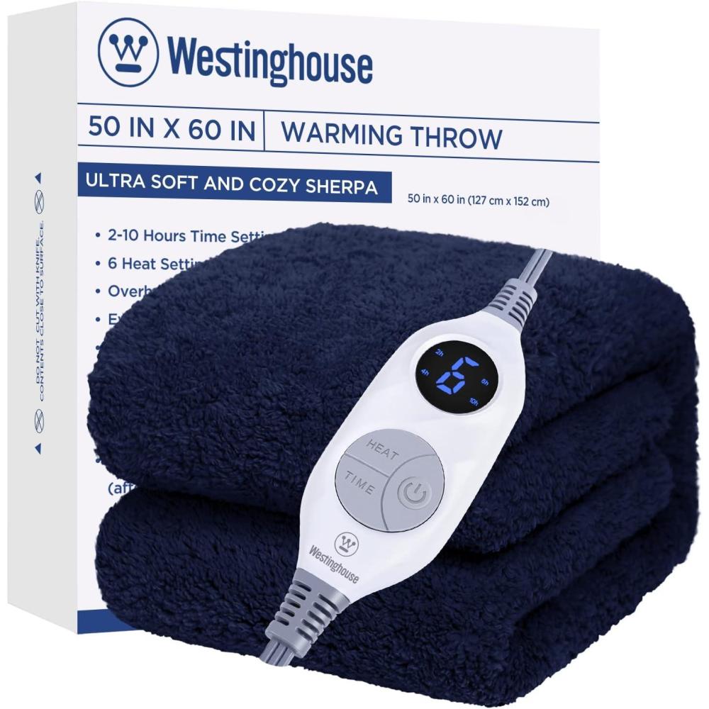 image:imageWestinghouse Electric Blanket Throw Size Soft Plush Sherpa Heated Blanket with 6 Heating Levels amp 210 Hours AutoOff Machine Washable 50x60 inches RustNavy