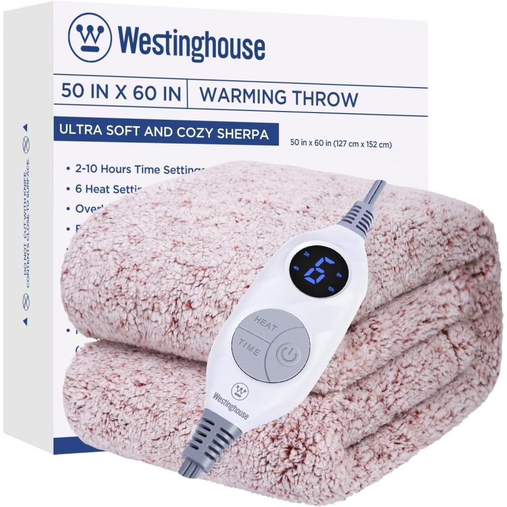 image:imageWestinghouse Electric Blanket Throw Size Soft Plush Sherpa Heated Blanket with 6 Heating Levels amp 210 Hours AutoOff Machine Washable 50x60 inches RustRust