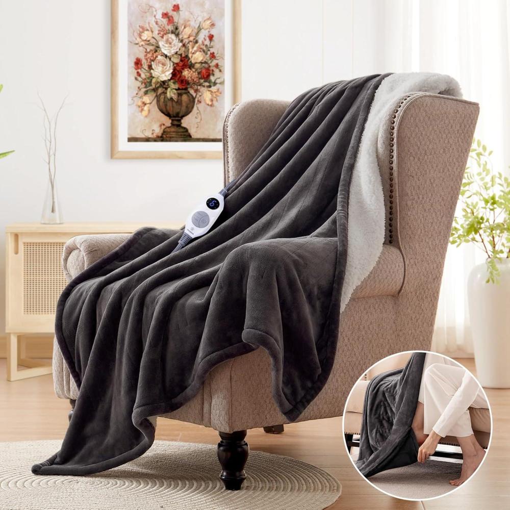 image:imageWestinghouse Electric Blanket with Foot Pocket for Adults Ultra Soft Flannel to Sherpa Heated Throw with 6 Heating Levels amp 210 Hours Time Settings Fast Heating amp Machine Washable 50x62 BrownCharcoal