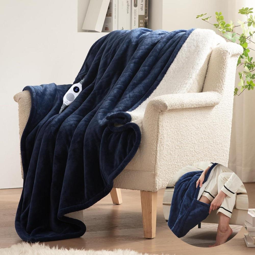 image:imageWestinghouse Electric Blanket with Foot Pocket for Adults Ultra Soft Flannel to Sherpa Heated Throw with 6 Heating Levels amp 210 Hours Time Settings Fast Heating amp Machine Washable 50x62 BrownNavy Blue