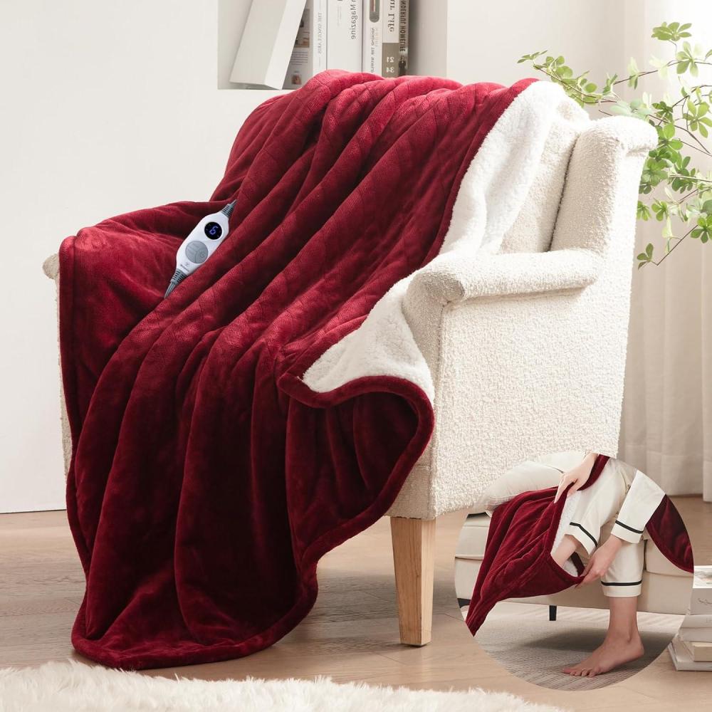 image:imageWestinghouse Electric Blanket with Foot Pocket for Adults Ultra Soft Flannel to Sherpa Heated Throw with 6 Heating Levels amp 210 Hours Time Settings Fast Heating amp Machine Washable 50x62 BrownBurgundy