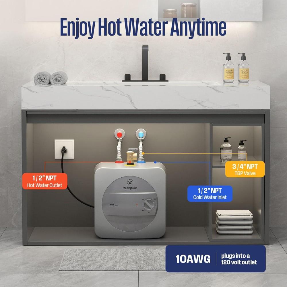 image:imageWestinghouse Electric Mini Tank Water Heater 25 Gallon Point of Use Instant Hot Water 120V 1440W Small Hot Water Under Sink Wall or Floor Mounted Easy to Install UL Listed