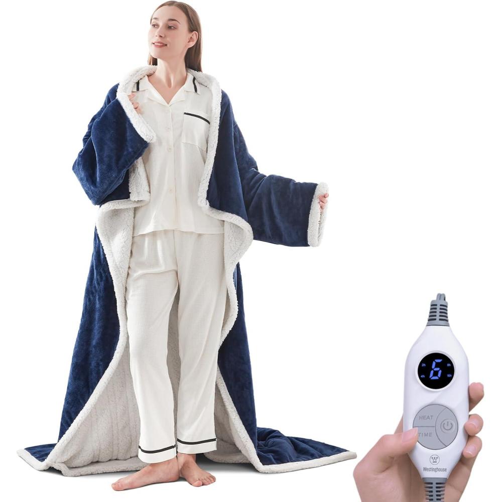 image:imageWestinghouse Electric Snuggle Throw Blankets with Foot Pocket Wearable Heated Blanket with Sleeves 6 Heating Levels amp 2 to 10 Hours Heating Time Settings 50 7018 GreyNavy Blueivory