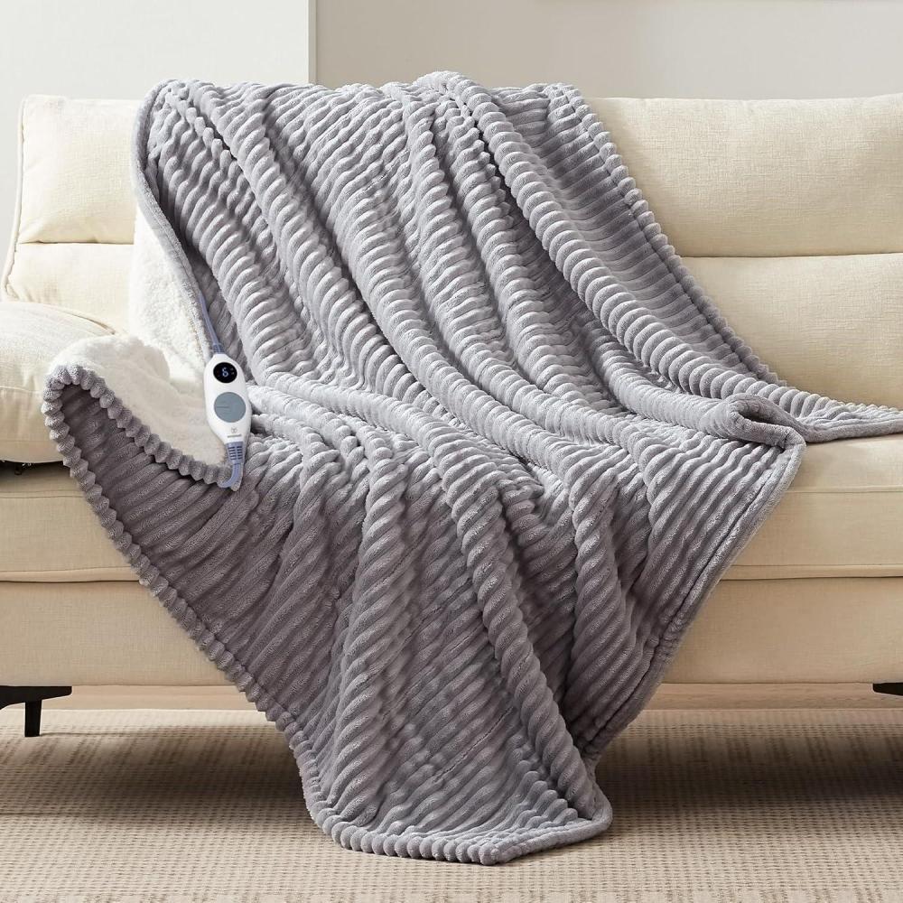 image:imageWestinghouse Full Size Heated Blanket Soft Flannel to Sherpa Reversible Electric Blanket Full with 10 Heating Settings amp 112 Hours Auto Shut Off Machine Washable 72 x 84 BeigeLight Grey