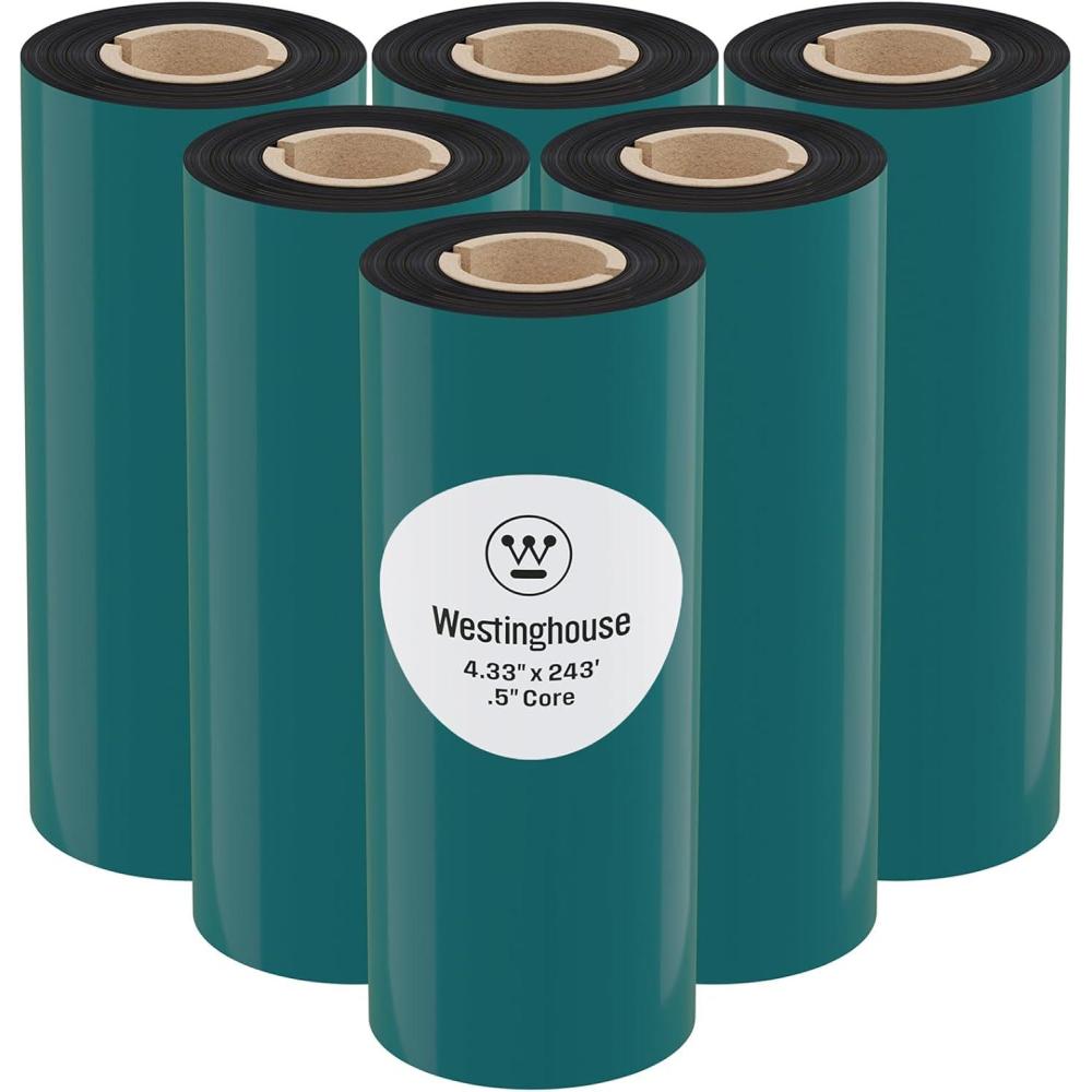 image:imageWestinghouse Thermal Transfer Ribbon 433 x 243 05 Core Premium Wax Resin Enhanced Ink Side Out Wax Ribbon for Thermal Printers Black 1 Roll Compatible with Zebra GC420t GK420t GX420t433 IN x 233 FT Pack of 6