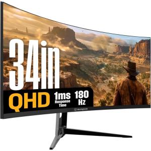 Westinghouse 34 Inch Curved Ultrawide Gaming Monitor, 180Hz, 1 ms, AMD FreeSync Support, Low Motion Blur, 1500R Curve, 3440 x 1440, for PC Games with Built in Speakers, 2X DisplayPort, 2X HDMI(34 Inch (2026 Model))