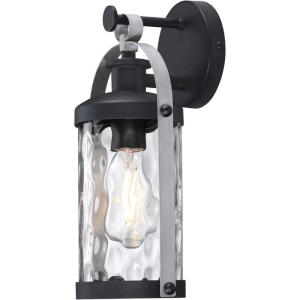 Westinghouse 6113400 Courtland Grove Transitional One-Light Outdoor Wall Light, Matte Black and Antique Pewter Finish, Clear Hammered Glass