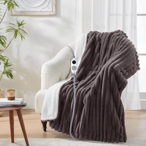 Westinghouse Electric Blanket Heated Throw, Super Cozy Luxury Faux Fur & Sherpa with 6 Heating Levels & 2-10 Hours Auto Off, Fast Heating & Overheat Protection, 50×60 Inch, Burgundy(Darkgrey Stripe)