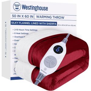 Westinghouse Electric Blanket Heated Throw, Super Cozy Luxury Faux Fur & Sherpa with 6 Heating Levels & 2-10 Hours Auto Off, Fast Heating & Overheat Protection, 50×60 Inch, Burgundy(Red)
