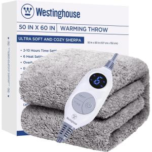 Westinghouse Electric Blanket Throw Size, Soft Plush Sherpa Heated Blanket with 6 Heating Levels & 2-10 Hours Auto-Off, Machine Washable, 50×60 inches, Rust(Charcoal)