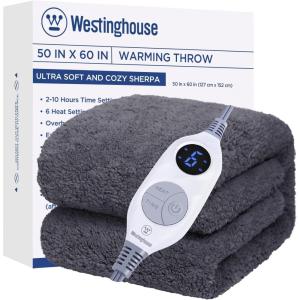 Westinghouse Electric Blanket Throw Size, Soft Plush Sherpa Heated Blanket with 6 Heating Levels & 2-10 Hours Auto-Off, Machine Washable, 50×60 inches, Rust(Darkgrey)