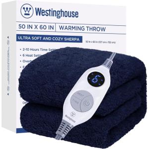 Westinghouse Electric Blanket Throw Size, Soft Plush Sherpa Heated Blanket with 6 Heating Levels & 2-10 Hours Auto-Off, Machine Washable, 50×60 inches, Rust(Navy)