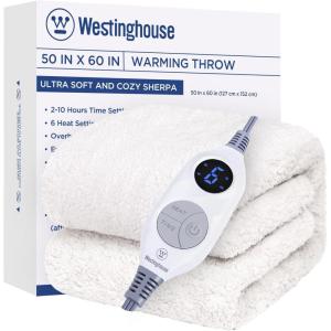 Westinghouse Electric Blanket Throw Size, Soft Plush Sherpa Heated Blanket with 6 Heating Levels & 2-10 Hours Auto-Off, Machine Washable, 50×60 inches, Rust(Ivory)