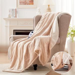 Westinghouse Electric Blanket with Foot Pocket for Adults, Ultra Soft Flannel to Sherpa Heated Throw with 6 Heating Levels & 2-10 Hours Time Settings, Fast Heating & Machine Washable, 50×62, Brown(Beige)