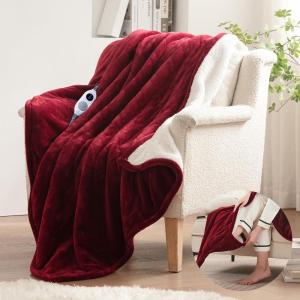 Westinghouse Electric Blanket with Foot Pocket for Adults, Ultra Soft Flannel to Sherpa Heated Throw with 6 Heating Levels & 2-10 Hours Time Settings, Fast Heating & Machine Washable, 50×62, Brown(Burgundy)
