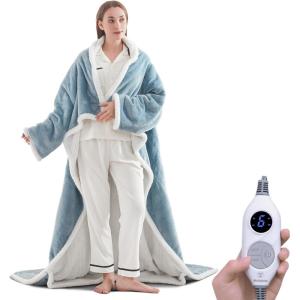 Westinghouse Electric Snuggle Throw Blankets with Foot Pocket, Wearable Heated Blanket with Sleeves, 6 Heating Levels & 2 to 10 Hours Heating Time Settings, 50 * 70″+18″, Grey(Light Blue&ivory)