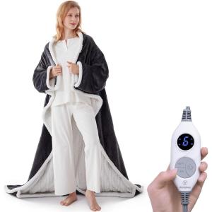 Westinghouse Electric Snuggle Throw Blankets with Foot Pocket, Wearable Heated Blanket with Sleeves, 6 Heating Levels & 2 to 10 Hours Heating Time Settings, 50 * 70″+18″, Grey(Grey&ivory)