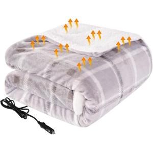 Westinghouse Heated Car Blanket, 12-Volt Electric Blanket for Car, Truck, SUV, RV, Portable Heated Throw for Camping, Red Buffalo Plaid, 59″ x 43”(Beige Plaid)