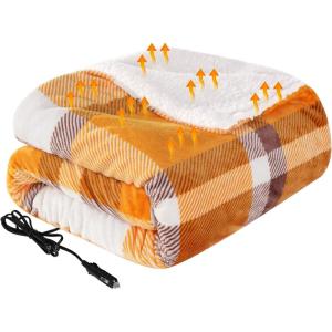Westinghouse Heated Car Blanket, 12-Volt Electric Blanket for Car, Truck, SUV, RV, Portable Heated Throw for Camping, Red Buffalo Plaid, 59″ x 43”(Orange Plaid)