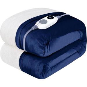 Westinghouse Heated Throw Blanket, Soft Flannel to Sherpa Electric Throw with 6 Heating Levels, 2-10 Hours Time Settings, Fast Heating, Machine Washable 50×60 Inch, Light Grey(Navy Blue)