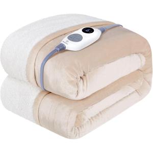 Westinghouse Heated Throw Blanket, Soft Flannel to Sherpa Electric Throw with 6 Heating Levels, 2-10 Hours Time Settings, Fast Heating, Machine Washable 50×60 Inch, Light Grey(Beige)