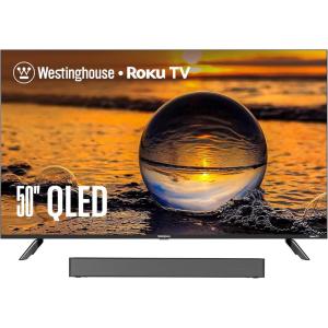 Westinghouse QLED TV and 2.0 Compact Mini Sound Bar – 50 Inch Smart Television and 120W Surround Sound System
