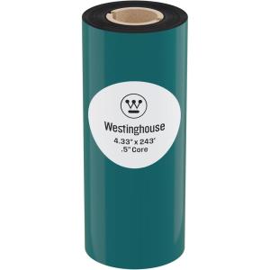 Westinghouse Thermal Transfer Ribbon, 4.33″ x 243′, 0.5″ Core, Premium Wax Resin Enhanced Ink Side Out Wax Ribbon for Thermal Printers, Black, 1 Roll, Compatible with Zebra GC420t, GK420t, GX420t(4.33 IN x 233 FT (Pack of 1))
