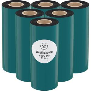 Westinghouse Thermal Transfer Ribbon, 4.33″ x 243′, 0.5″ Core, Premium Wax Resin Enhanced Ink Side Out Wax Ribbon for Thermal Printers, Black, 1 Roll, Compatible with Zebra GC420t, GK420t, GX420t(4.33 IN x 233 FT (Pack of 6))