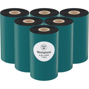 Westinghouse Thermal Transfer Ribbon, 4.33″ x 243′, 0.5″ Core, Premium Wax Resin Enhanced Ink Side Out Wax Ribbon for Thermal Printers, Black, 1 Roll, Compatible with Zebra GC420t, GK420t, GX420t(4.33 IN x 1476 FT (Pack of 6))