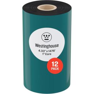 Westinghouse Thermal Transfer Ribbon, 4.33″ x 243′, 0.5″ Core, Premium Wax Resin Enhanced Ink Side Out Wax Ribbon for Thermal Printers, Black, 1 Roll, Compatible with Zebra GC420t, GK420t, GX420t(4.33 IN x 1476 FT (Pack of 12))