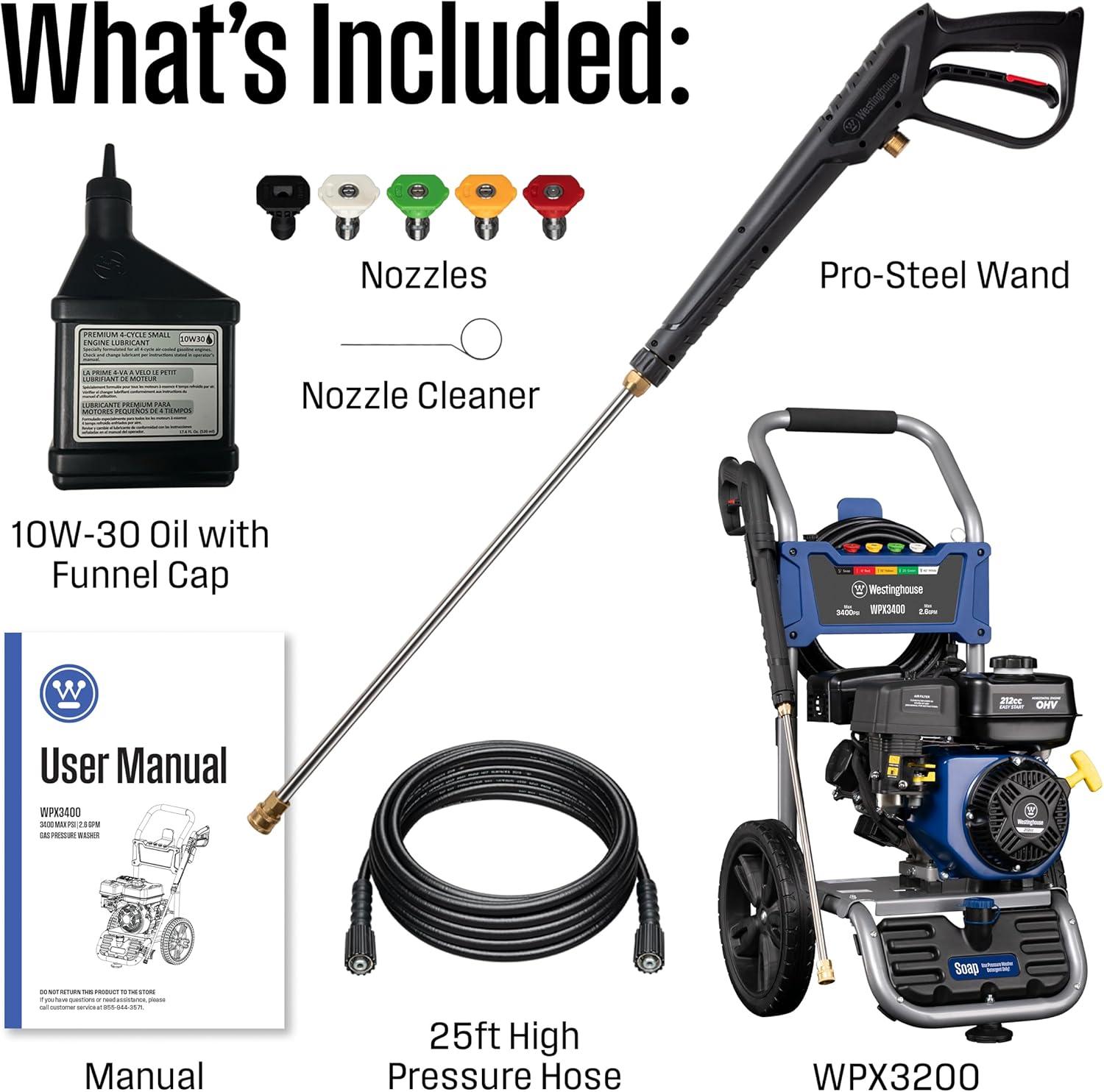 image:imageWestinghouse WPX3400 Gas Pressure Washer 3400 PSI and 26 Max GPM Onboard Soap Tank Spray Gun and Wand 5 Nozzle Set for CarsFencesDrivewaysHomesPatiosFurniture3400 Max PSI