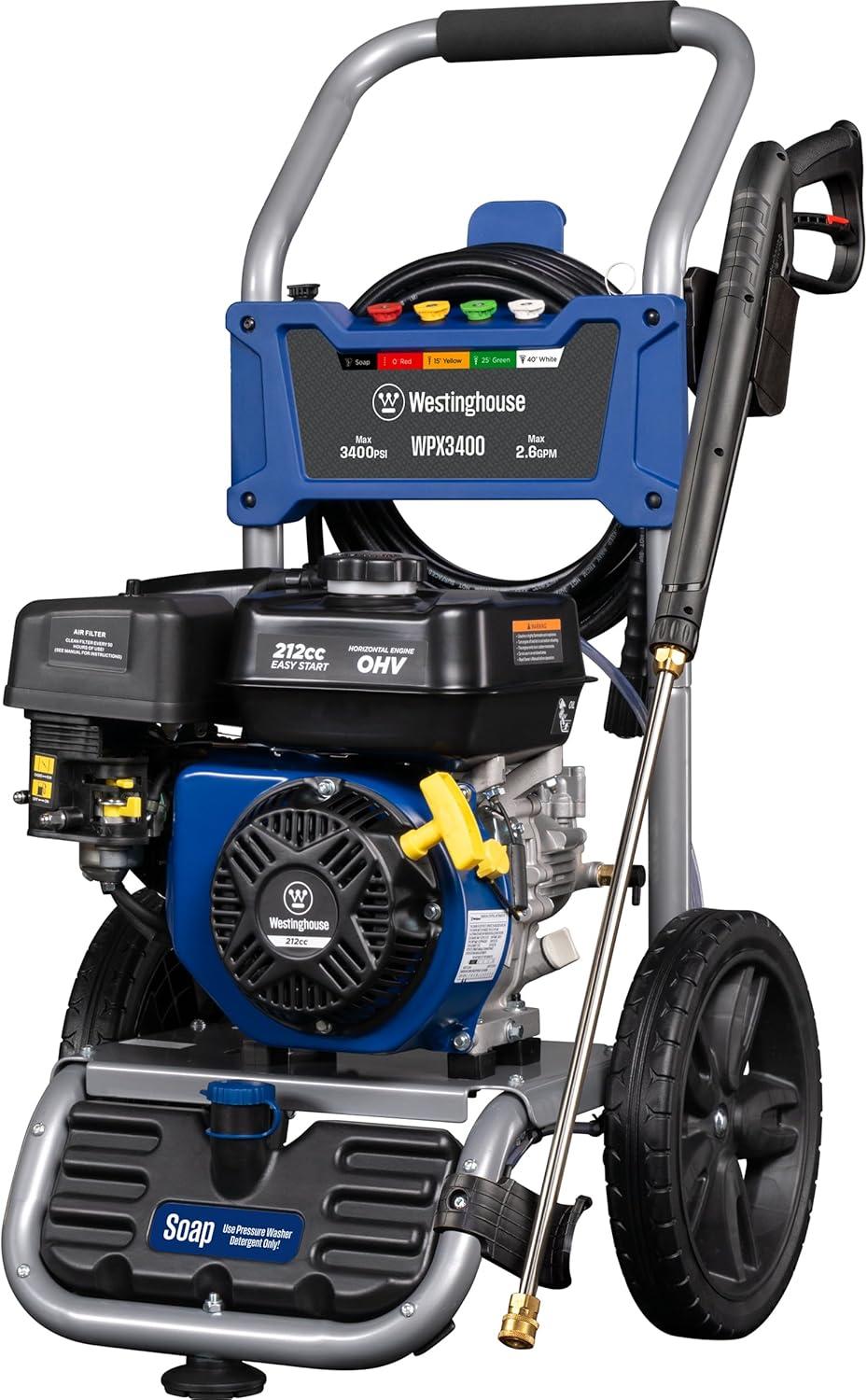 image:imageWestinghouse WPX3400 Gas Pressure Washer 3400 PSI and 26 Max GPM Onboard Soap Tank Spray Gun and Wand 5 Nozzle Set for CarsFencesDrivewaysHomesPatiosFurniture3400 Max PSI