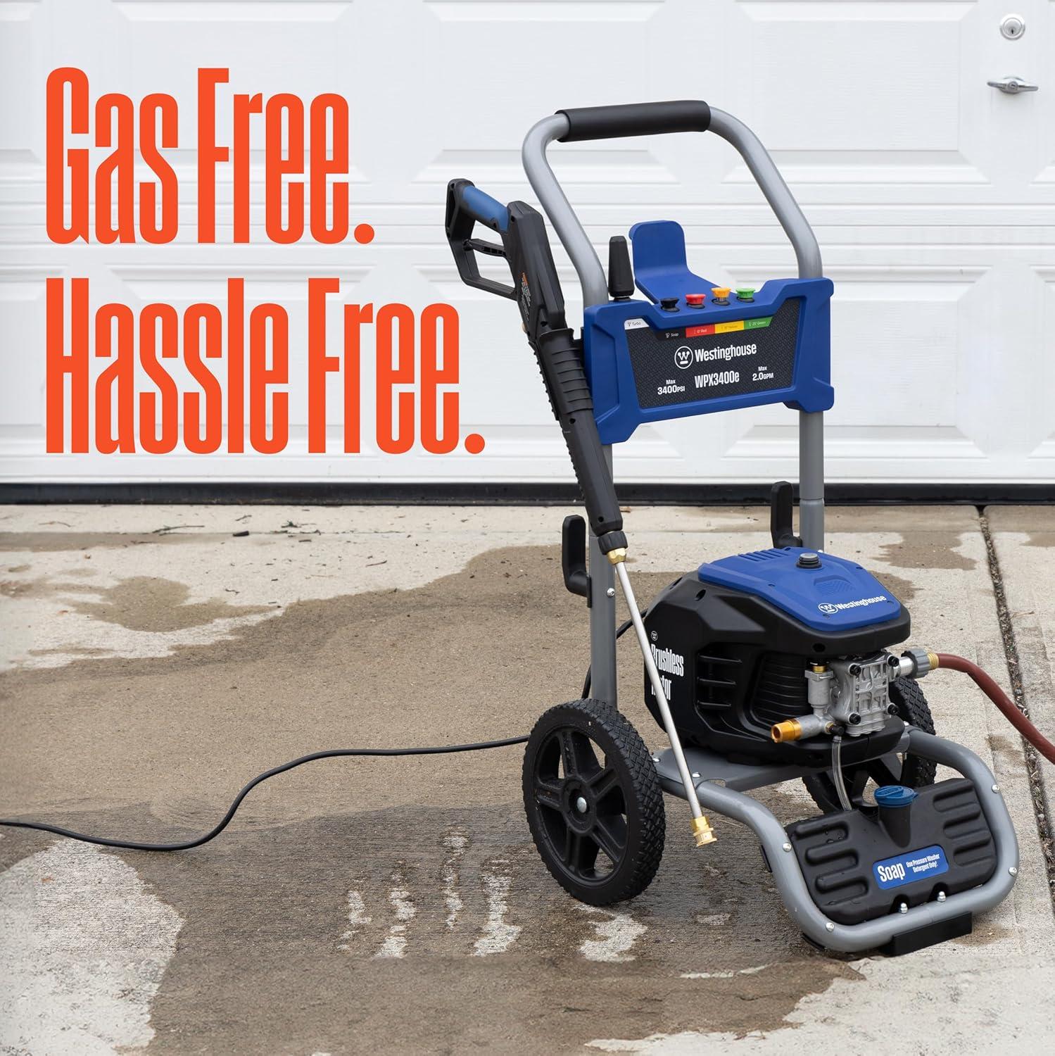 image:imageWestinghouse WPX3400e Electric Pressure Washer 3400 Max PSI and 20 Max GPM Brushless Motor Onboard Soap Tank Spray Gun and Wand 5 Nozzle Set for CarsFencesDrivewaysHomesPatiosFurniture3400 Max PSI
