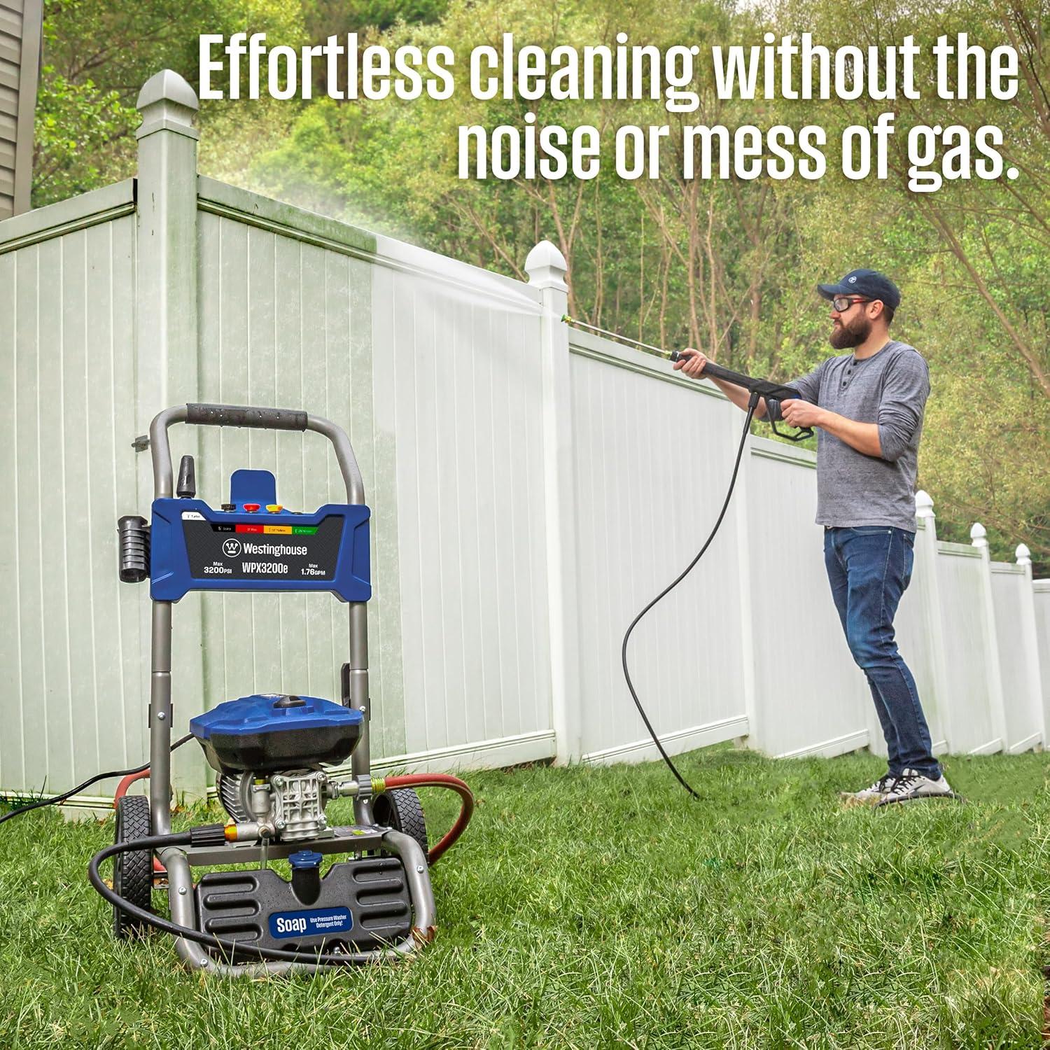 image:imageWestinghouse WPX3400e Electric Pressure Washer 3400 Max PSI and 20 Max GPM Brushless Motor Onboard Soap Tank Spray Gun and Wand 5 Nozzle Set for CarsFencesDrivewaysHomesPatiosFurniture3200 Max PSI