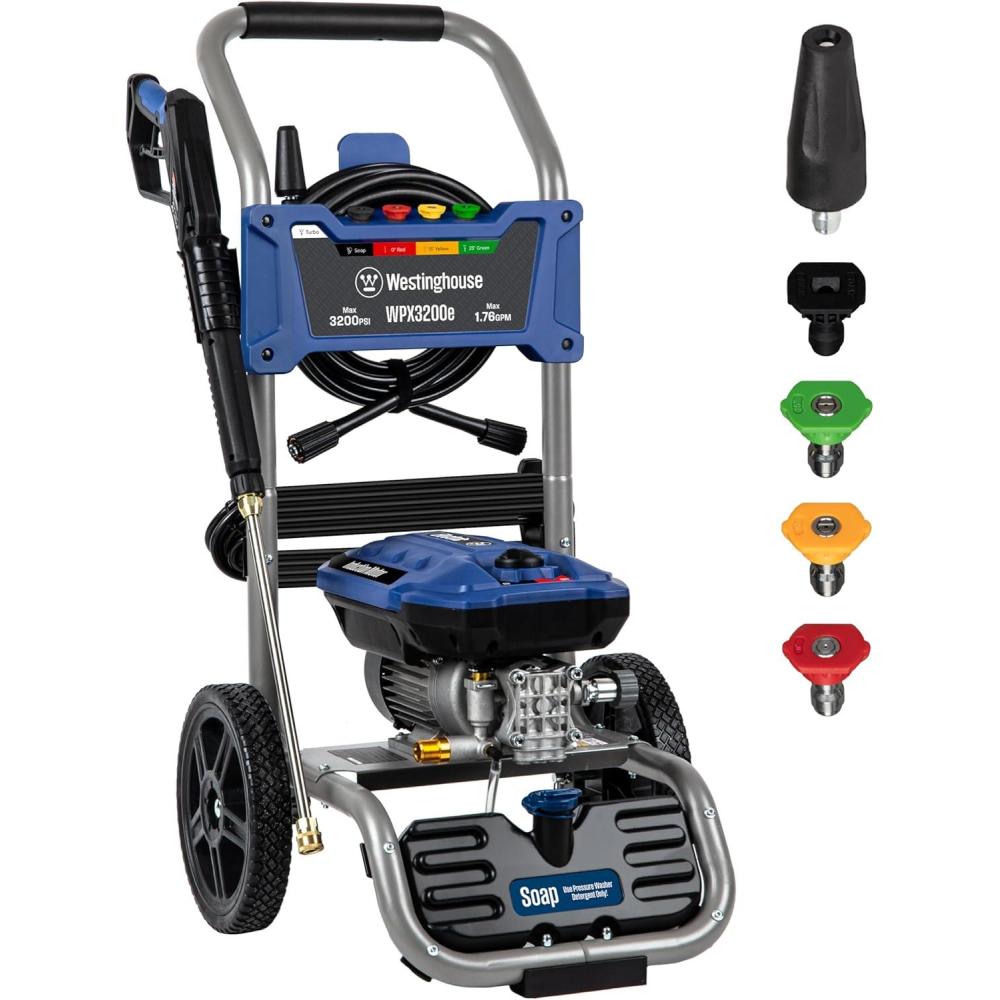 image:imageWestinghouse WPX3400e Electric Pressure Washer 3400 Max PSI and 20 Max GPM Brushless Motor Onboard Soap Tank Spray Gun and Wand 5 Nozzle Set for CarsFencesDrivewaysHomesPatiosFurniture3200 Max PSI