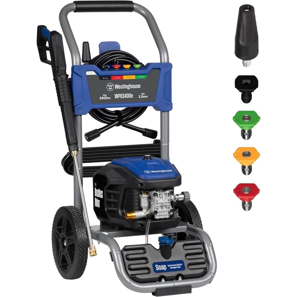 image:imageWestinghouse WPX3400e Electric Pressure Washer 3400 Max PSI and 20 Max GPM Brushless Motor Onboard Soap Tank Spray Gun and Wand 5 Nozzle Set for CarsFencesDrivewaysHomesPatiosFurniture3400 Max PSI