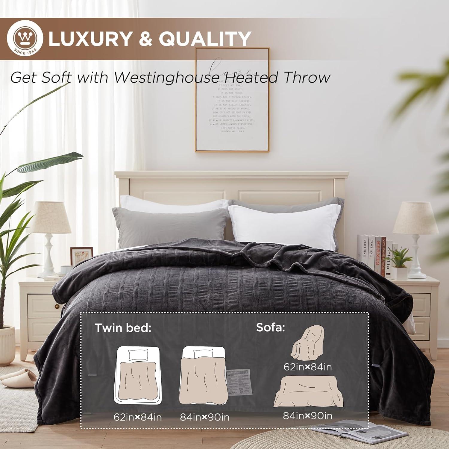 image:imageWestinghouse Heated Blanket Queen Size Electric Heating Blanket with 10 Heating Levels 112 Hours Auto Shut Off Fast Heating Warming Blanket Machine Washable Queen84x90 InchesLight GreyCharcoal
