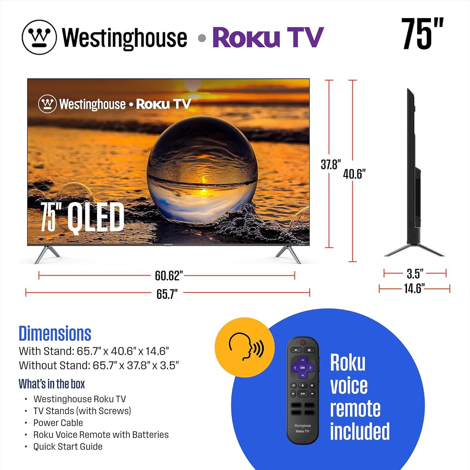 image:imageWestinghouse Edgeless QLED Roku TV 75 Inch Smart Television 4K UHD wHDR 10 Dolby Vision WiFi amp Mobile App Connectivity Flat Screen Compatible wApple Home Kit Alexa amp Google Assistant