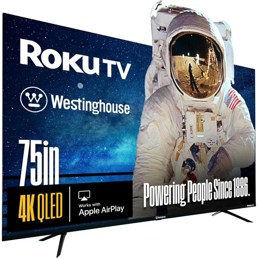 image:imageWestinghouse Edgeless QLED Roku TV 75 Inch Smart Television 4K UHD wHDR 10 Dolby Vision WiFi amp Mobile App Connectivity Flat Screen Compatible wApple Home Kit Alexa amp Google Assistant