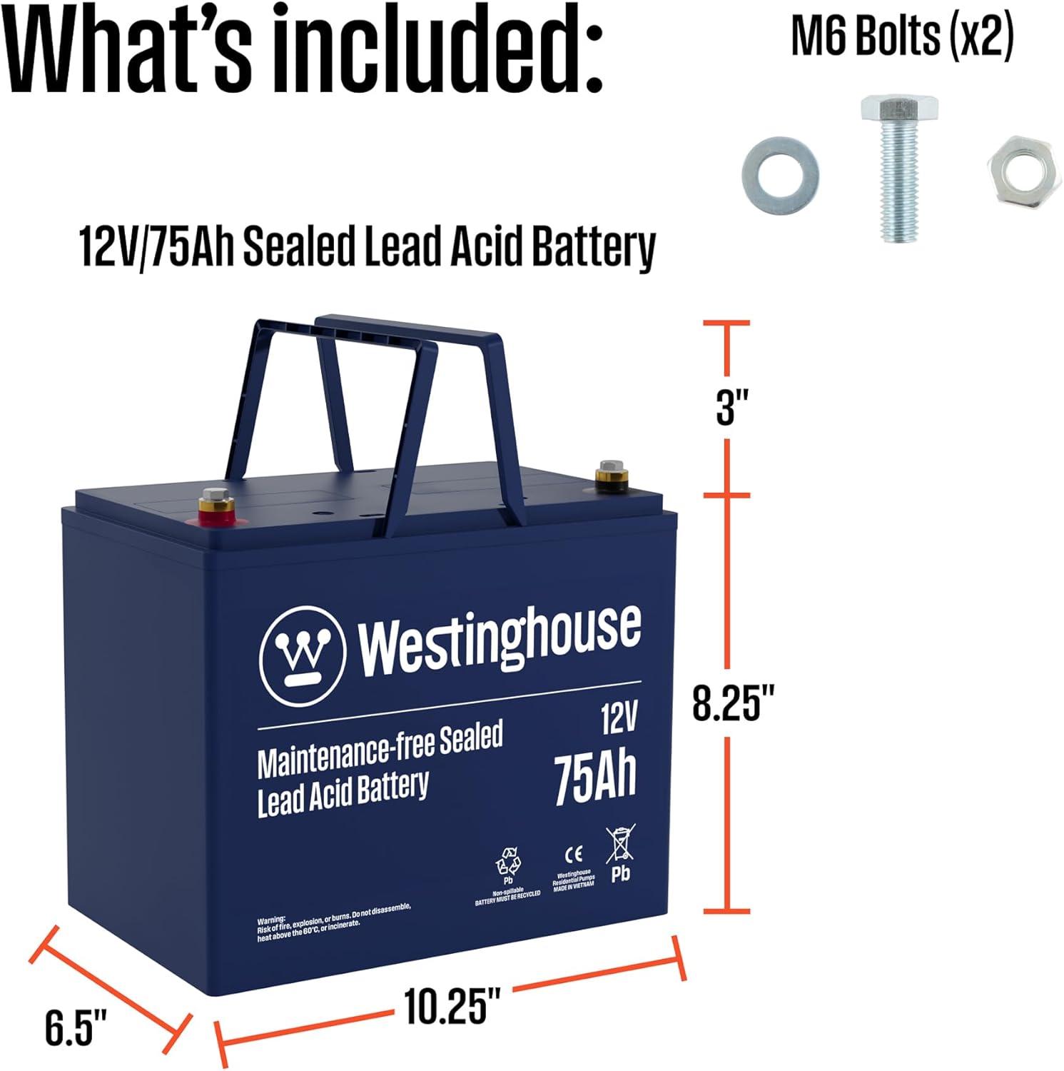image:imageWestinghouse Sump Pump Battery Back Up Maintenance Free AGM Sump Pump Battery 12V 75AH Sealed Lead Acid for Back Up Systems 1 Year Warranty