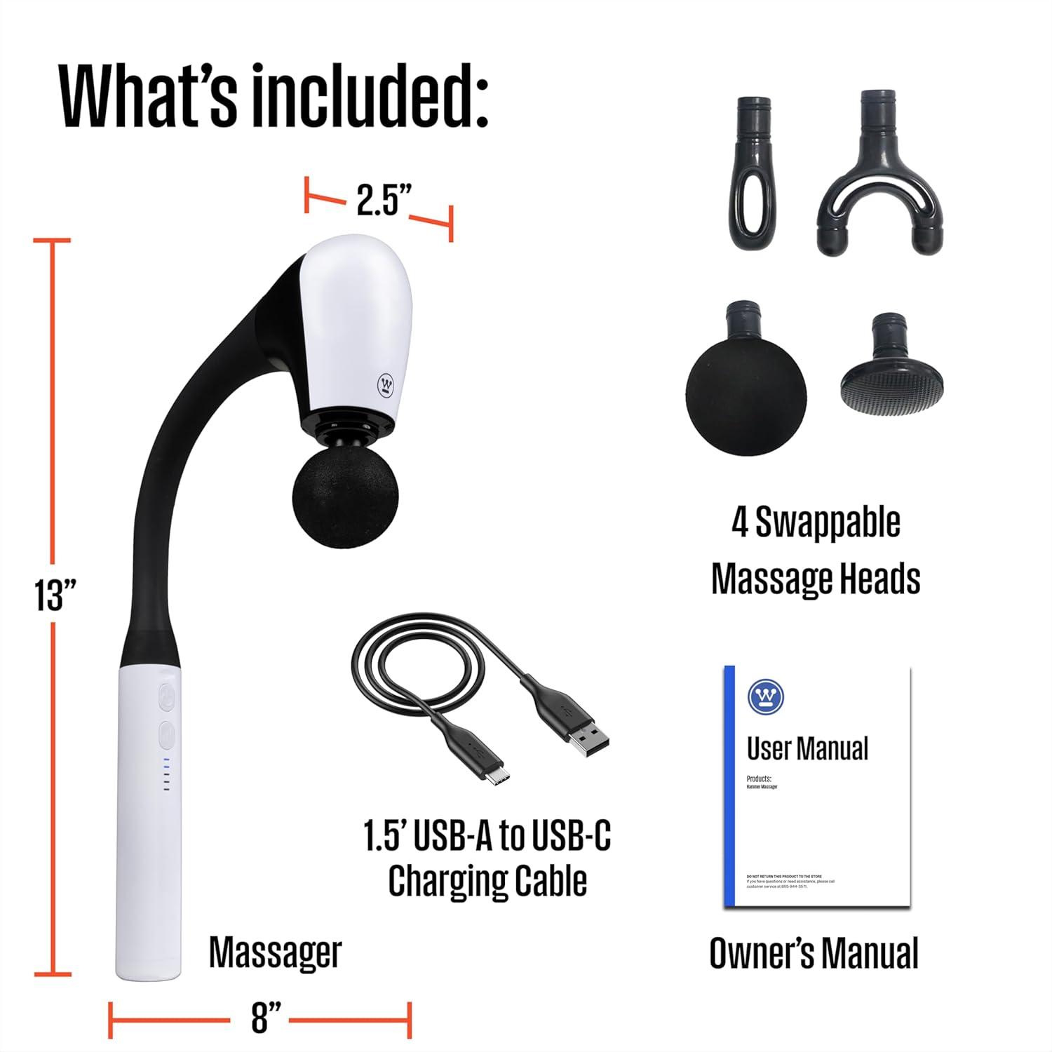 image:imageWestinghouse Long Handle Curved Massage Gun for Neck amp Shoulder Pain Rechargeable Up to 5 Hours of Battery 4 Head Attachments 5 Percussion Massage Speed Levels Deep Tissue Self Massager